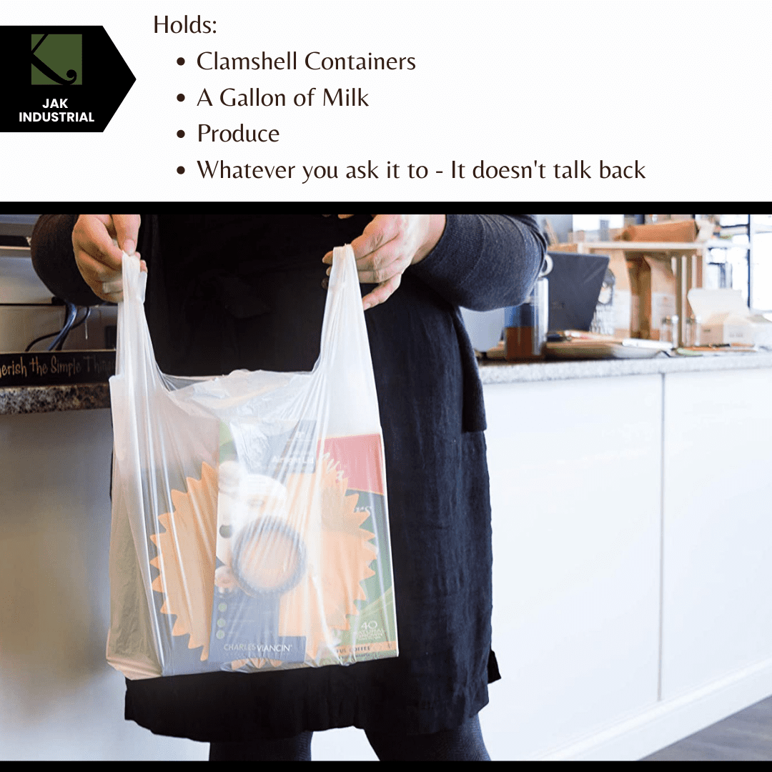 100 Count Large Plastic Grocery T-Shirt Bags with Handles - Plain White 12" x 6" x 21"