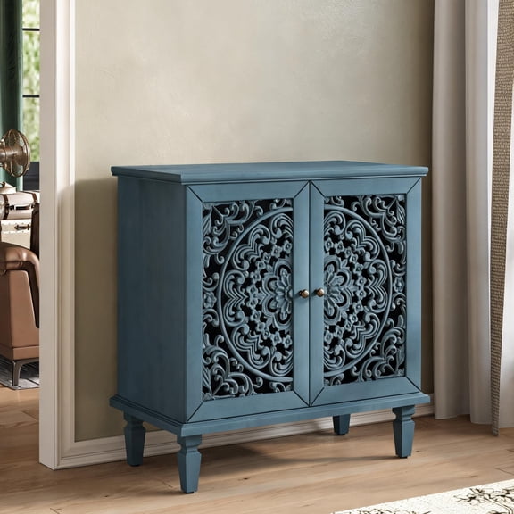 Soft Blue Solid Wood MDF 2-Door Accent Cabinet for Living Room Entryway Storage Display, Vintage Traditional Style