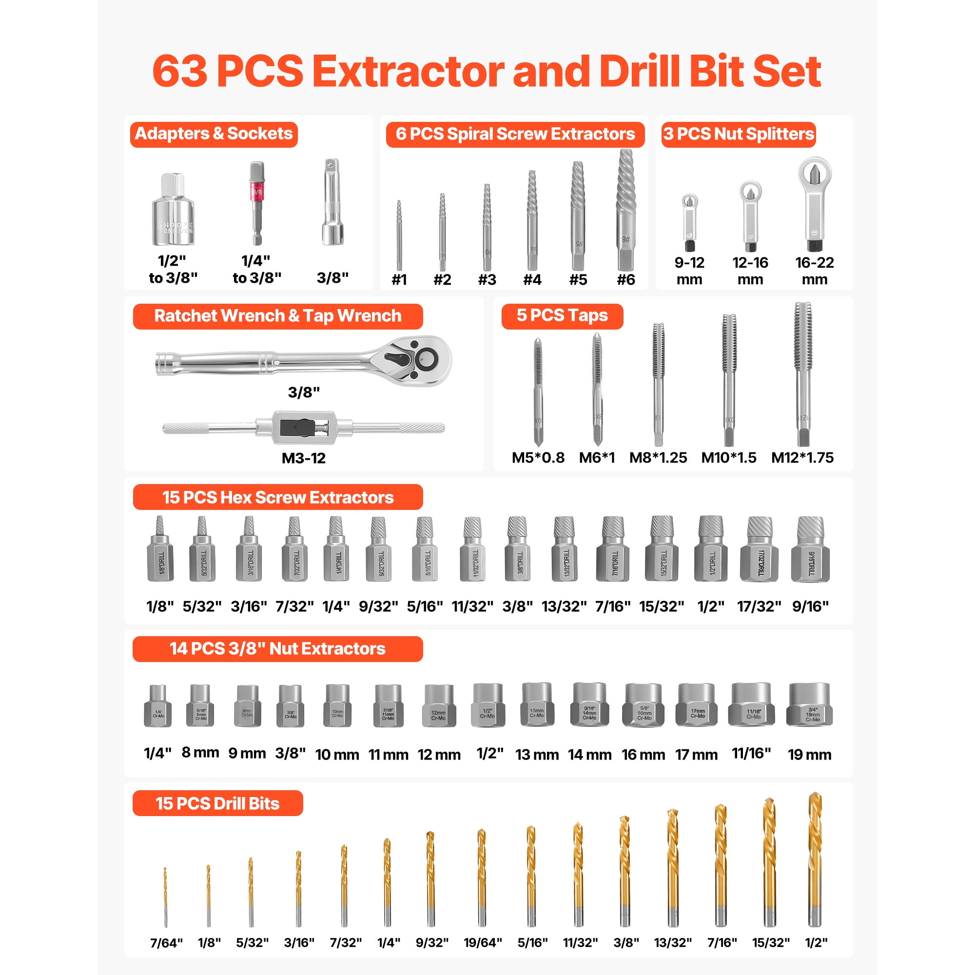 KFFKFF 63-Piece Screw Extractor Set with Nut and Bolt Extractors, Splitters, Taps, Drill Bits, Wrenches,Adapters, and Durable Storage Case, Designed for Removing Damaged,Rounded,or Stripped Fasteners