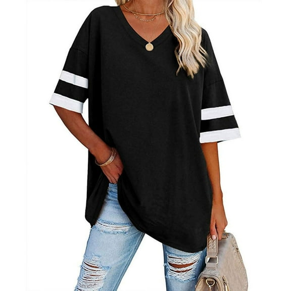 Wycnly Womens Blouses and Tops Dressy Fashion Button up Comfy Breathable Oversized Tshirts Summer Color Block V-Neck Short Sleeve Cute Tees Tops Black XXL