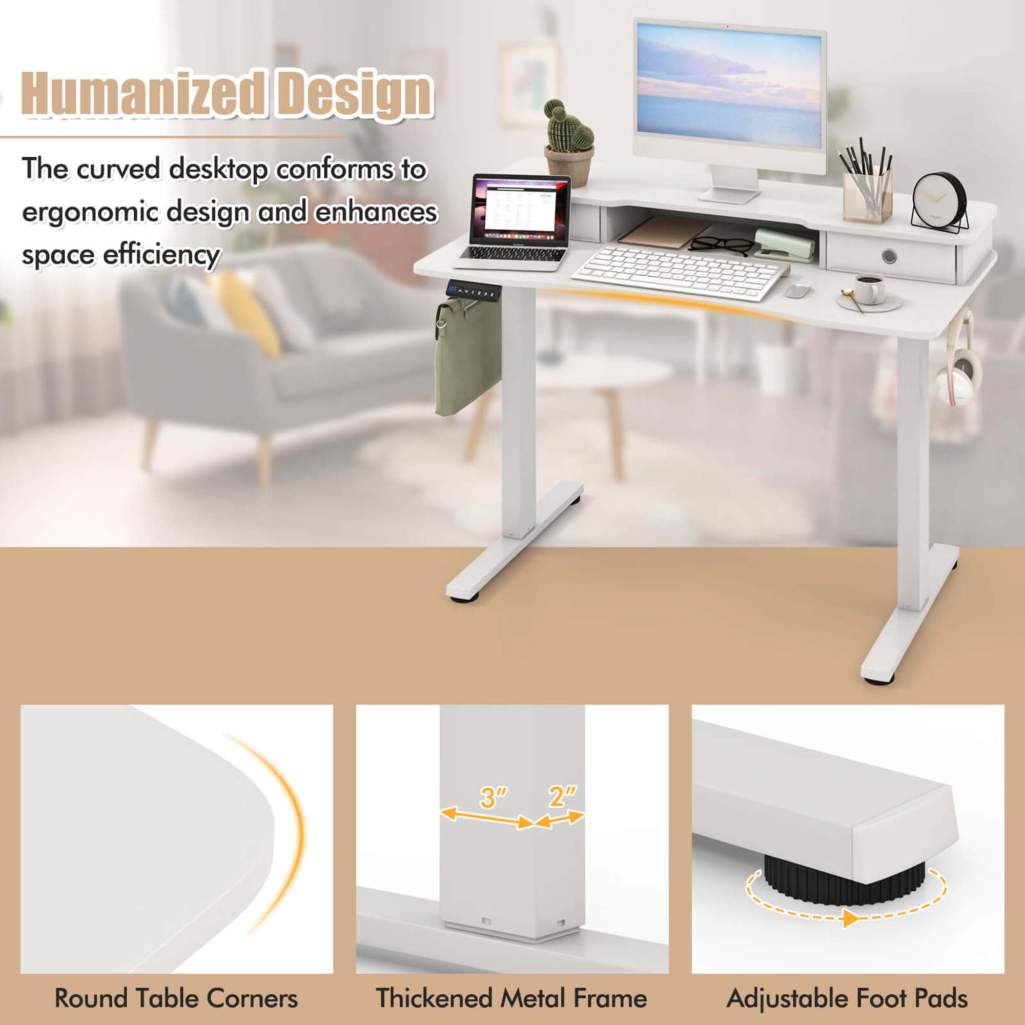Costway 48"x 24" Electric Standing Desk with 2 Drawers Monitor Stand Storage Shelf White