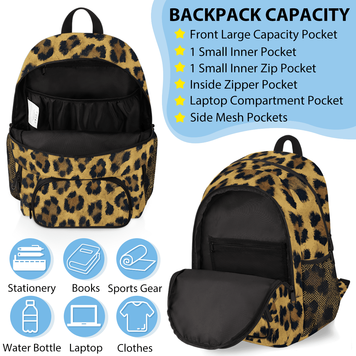 Herdesigns Leopard Backpack with Lunch Box Cheetah Print Lightweight Large Travel Work Laptop Backpacks Set Casual Daypacks