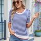 thumbnail image 5 of Camisas de Corta de Verano para Mujer, Suéter A Rayas, Lindas Blusas Casuales de Punto con Cuello Redondo A y Azul S, 5 of 9