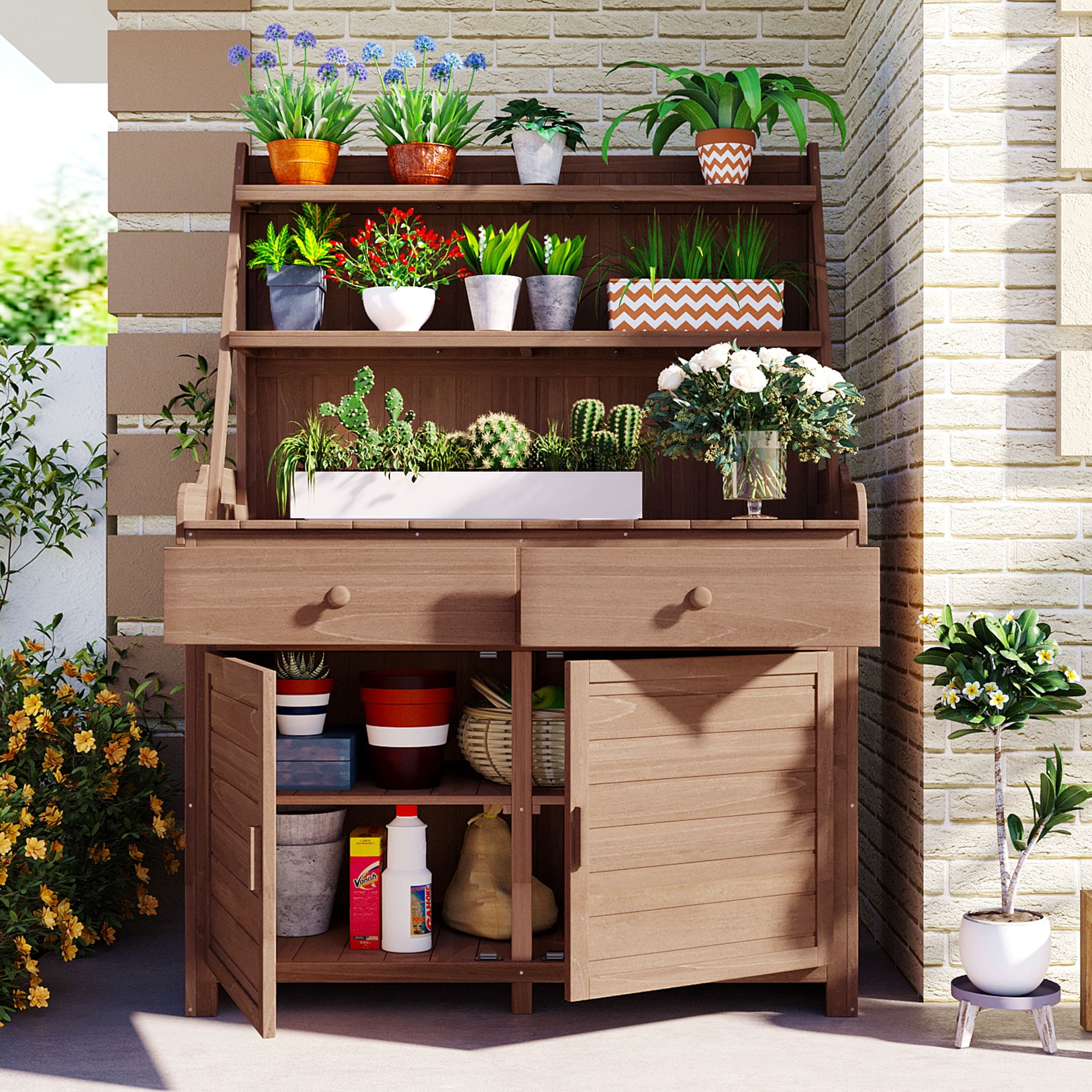MAYEERTY 65" Garden Potting Bench Table – Rustic Fir Wood Workstation with Storage Shelf, Drawers, and Cabinet