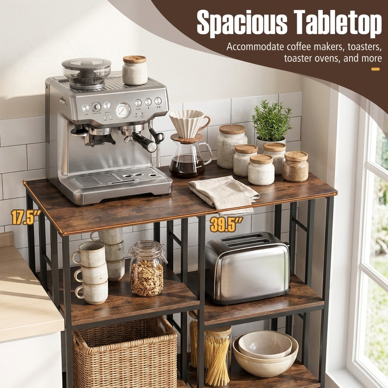 RUIE 4-Tier Heavy-Duty Kitchen Baker's Rack, Industrial Coffee Bar Microwave Oven Stand with Reversible Layout and Anti-Tipping Kit, Brown