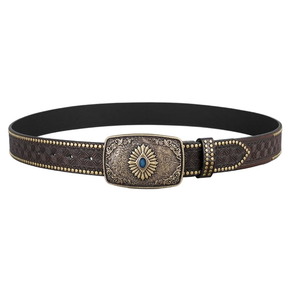 Western Belt for Women Men Cowboy Cowgirls Carving Leathers Country Belts Metal Buckles Adjustable Waistband