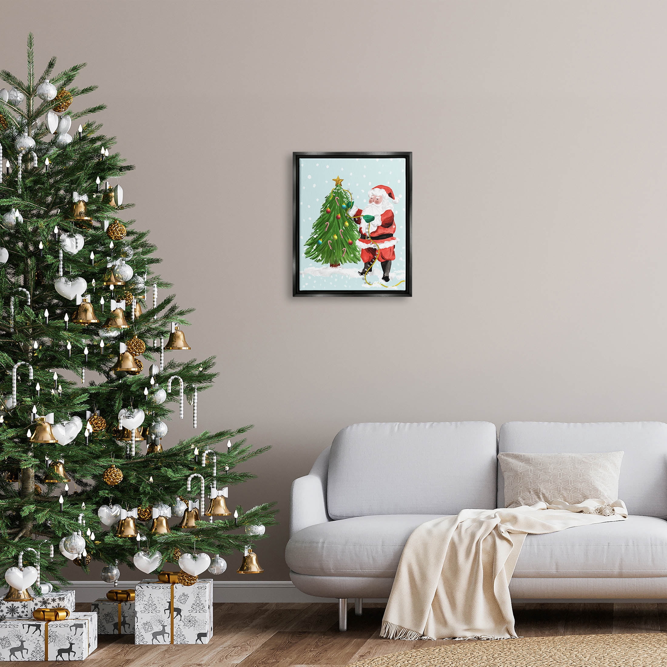 Snowy Santa Claus Tree Scenery Holiday Graphic Art Jet Black Framed Art Print Wall Art