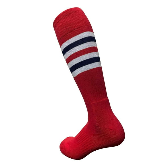 COUVER Unisex Cotton Bottom Cushion Striped Knee High Softball Sports Socks, Red/White/Navy, Medium, 1Pair