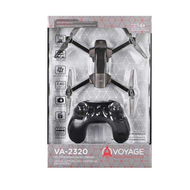 Voyage Aeronautics VA-2320 HD Streaming Video Drone in black with four propellers and textured central body, shown in packaging with a black remote controller featuring dual joysticks, highlighting 1280x720p HD camera streaming, altitude hold, 6-axis gyro, 2.4G remote control, and 300-foot wireless range, suitable for beginner to intermediate pilots.