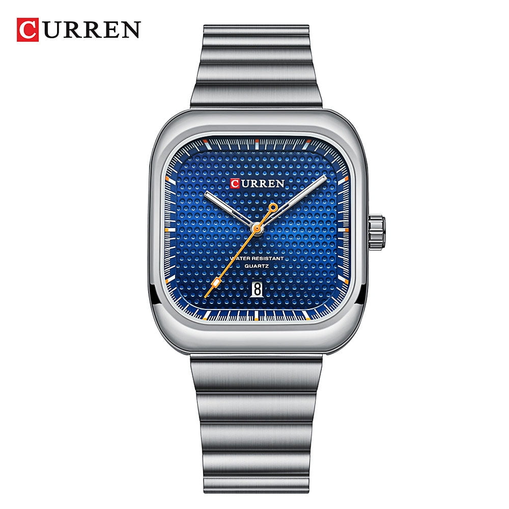 CURREN 8460 Men Blue Watch Sports Analog Quartz Stainless Steel Square Watch Waterproof Date Luxury Casual Luminous Wristwatch