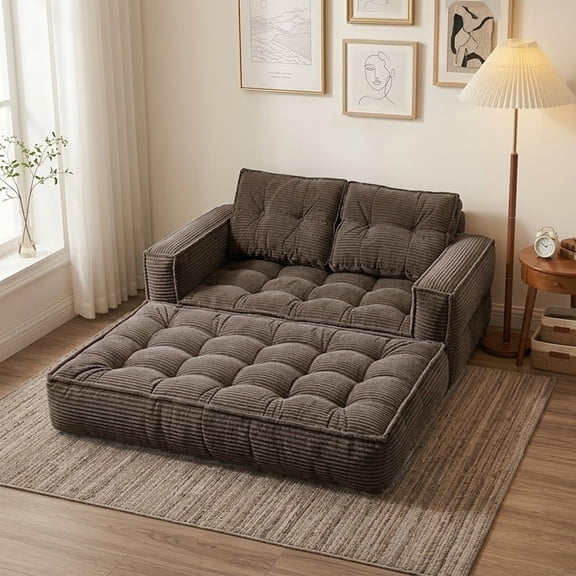 Striped Corduroy Convertible Sofa Bed, 2-in-1 Multi-Functional Sleeper Couch, Modern Floor Sofa for Living Room Apartment Guest Room
