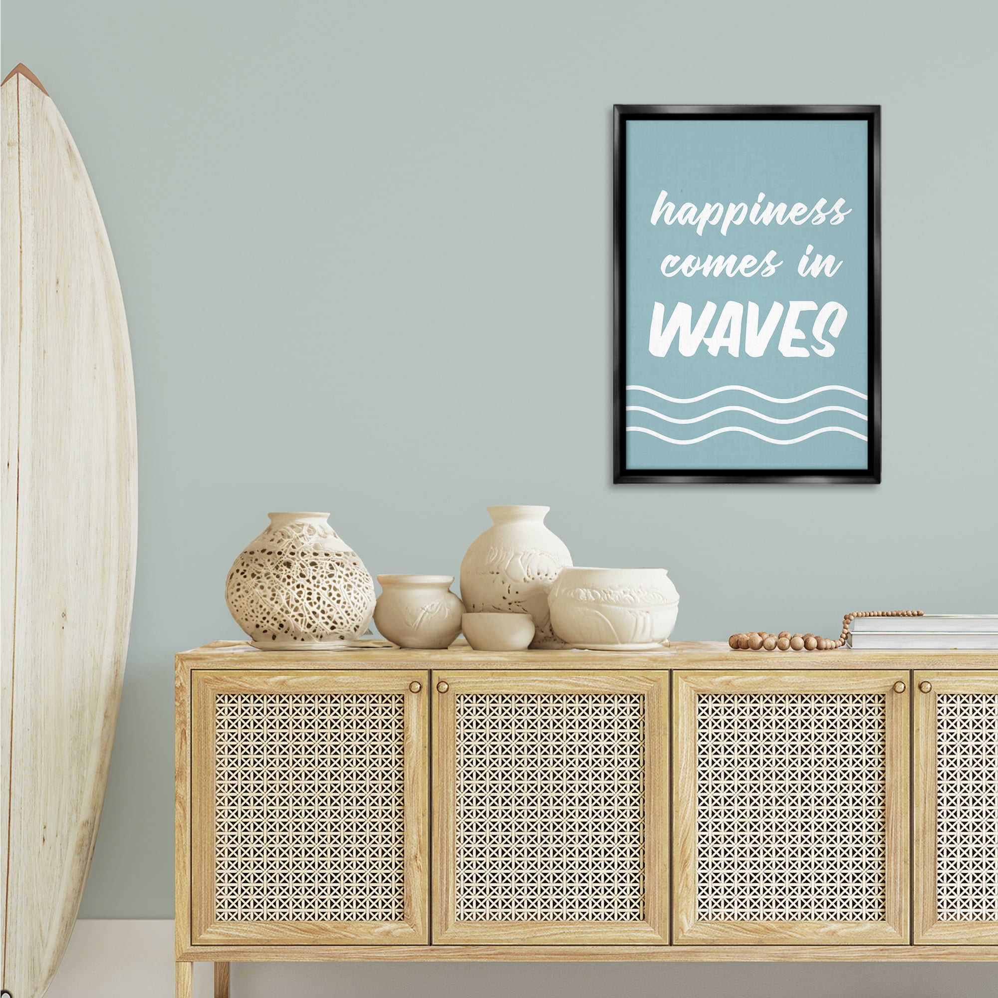 Stupell Industries Happiness In Waves Typography Painting Black Floater Framed Canvas Art Print Wall Art, 21 x 31