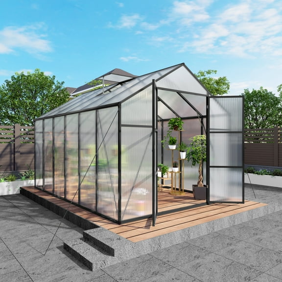 8x12FT Polycarbonate Greenhouse for Outdoors, Large Walk-in Greenhouse with Adjustable Roof Vents and 2 Windows, Newly Design Aluminum Frame