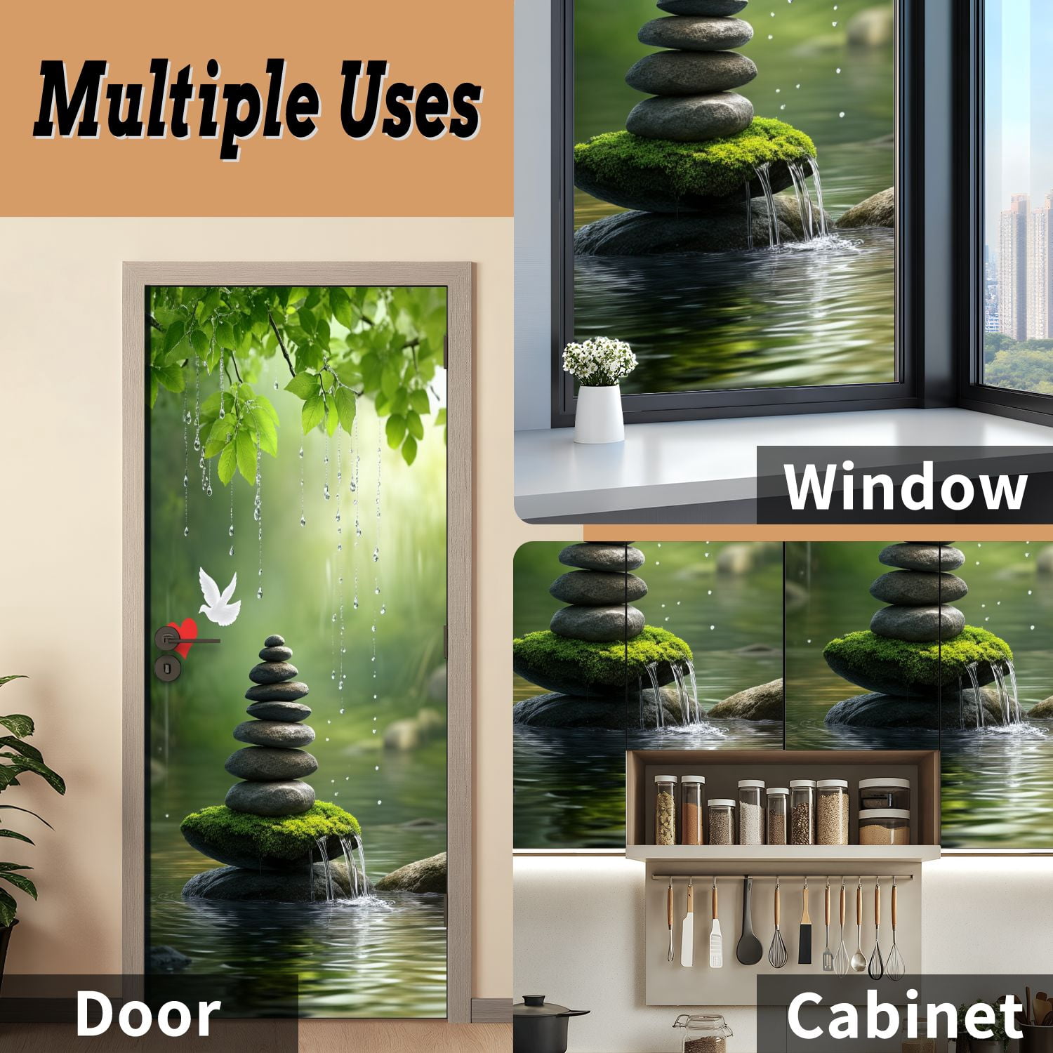 Self Adhesive Vinyl Refrigerator Wrap Set Zen Stones Waterfall Green Leaves Tranquil Setting Spiritual Door Mural Removable Fridge Sticker Peel and Stick&nbsp;Full Door Cover Decal Kitchen Bar Decor