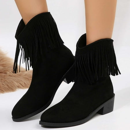

Clearance Deals! AnuYalueWomen s Pointed Toe Ankle Boots Western Fringe Cowboy Low Heel Bootie Pull On Casual Tassel Winter Booties Zipper Mid Calf Short Booties