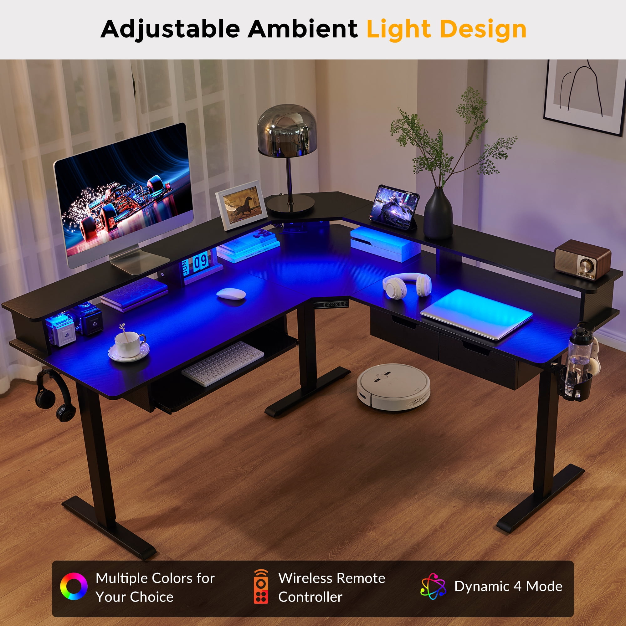 KeyWhat 60" L Shaped Standing Desk, Electric Height Adjustable Computer Desk with Shelves & Keyboard Tray & LED Strip & Power Outlets, Carbon Fiber Black