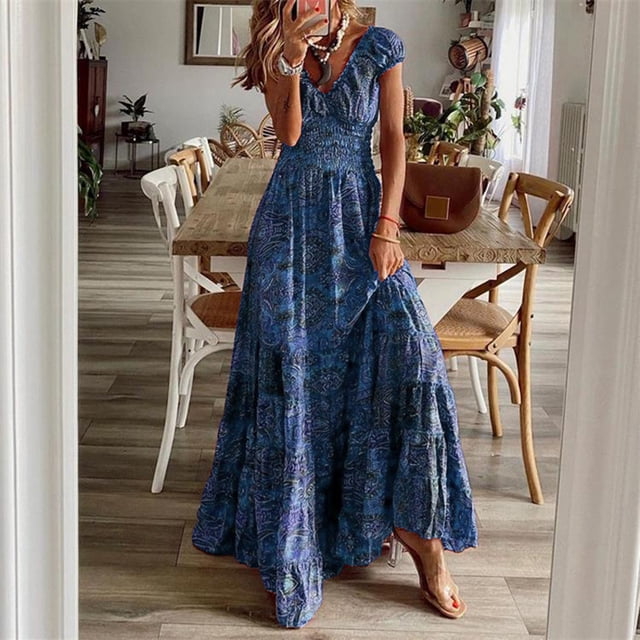 Kcavykas Robes pour Femmes, Cadeaux de Fête des Mères, Mode Grande Taille Robe Décontractée à Manches Courtes Imprimée Florale Col en V