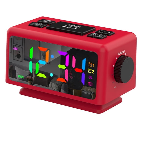 GJX Digital Desk Clock,Large Screen Display Bedside Clock,Multifunctional Alarm Clocks for Bedrooms,Calendar Radio,RGB Colorful Mirror,Dual Alarms,Snooze Function 5-60 min,12 Level Volume,12/24H