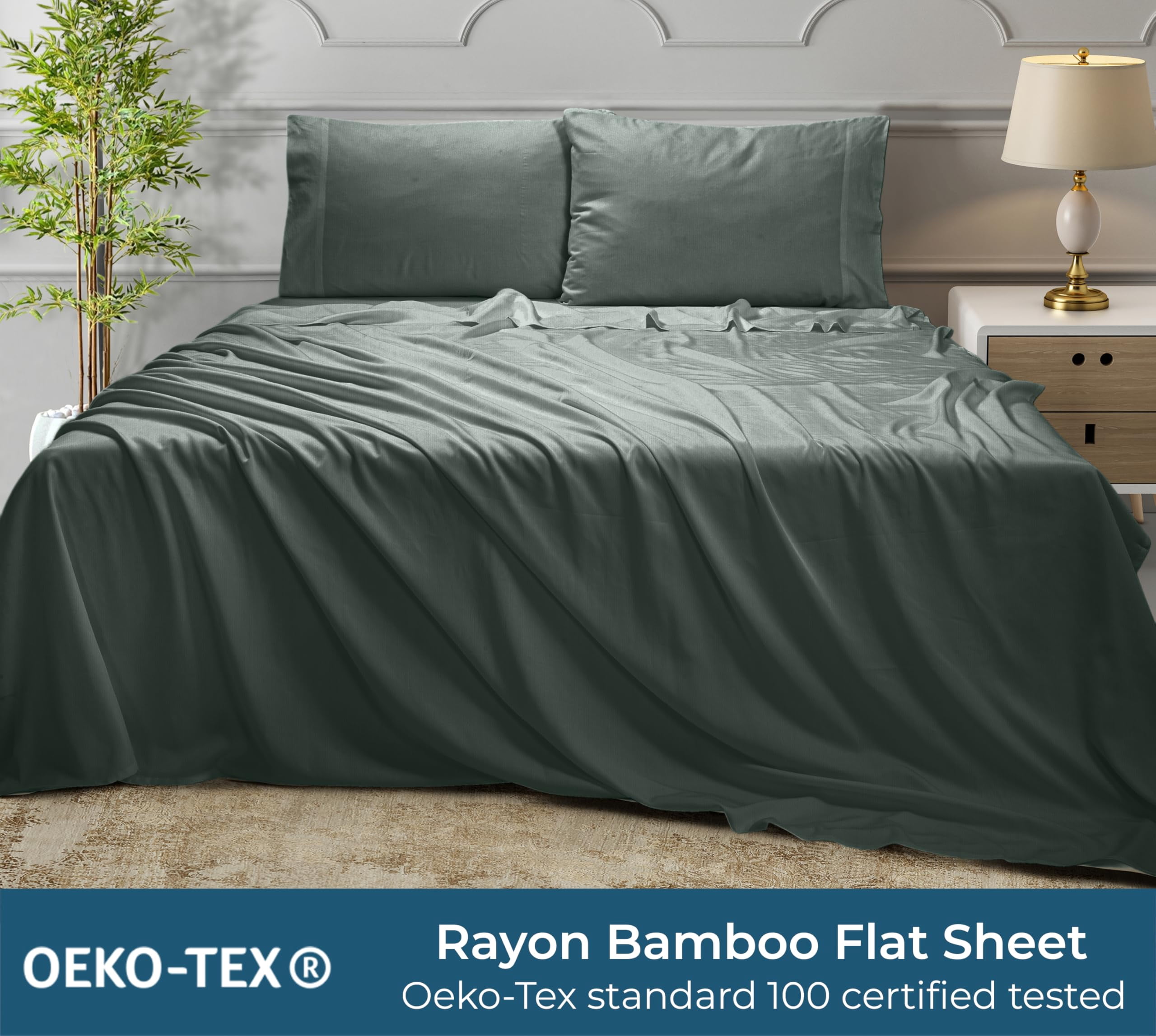 Royale Linens Bamboo Queen Flat Sheets Only - Cooling Sheets - Organic Viscose Derived from Bamboo - Queen Size Flat Sheet Only - Top Sheet - Breathable & Silky Bedding (Queen, Grey)