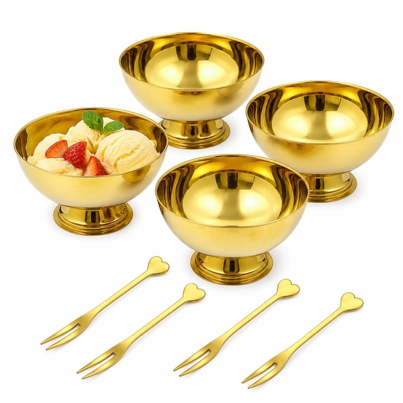 4 Pcs Stainless Steel Dessert Cups, Gold Metal Dessert Bowls with Forks, Reusable Salad Serving Bowls, Tasting Sauce Cups, Decorative Ice Cream Containers for Homes, Parties, 9.1 fl oz