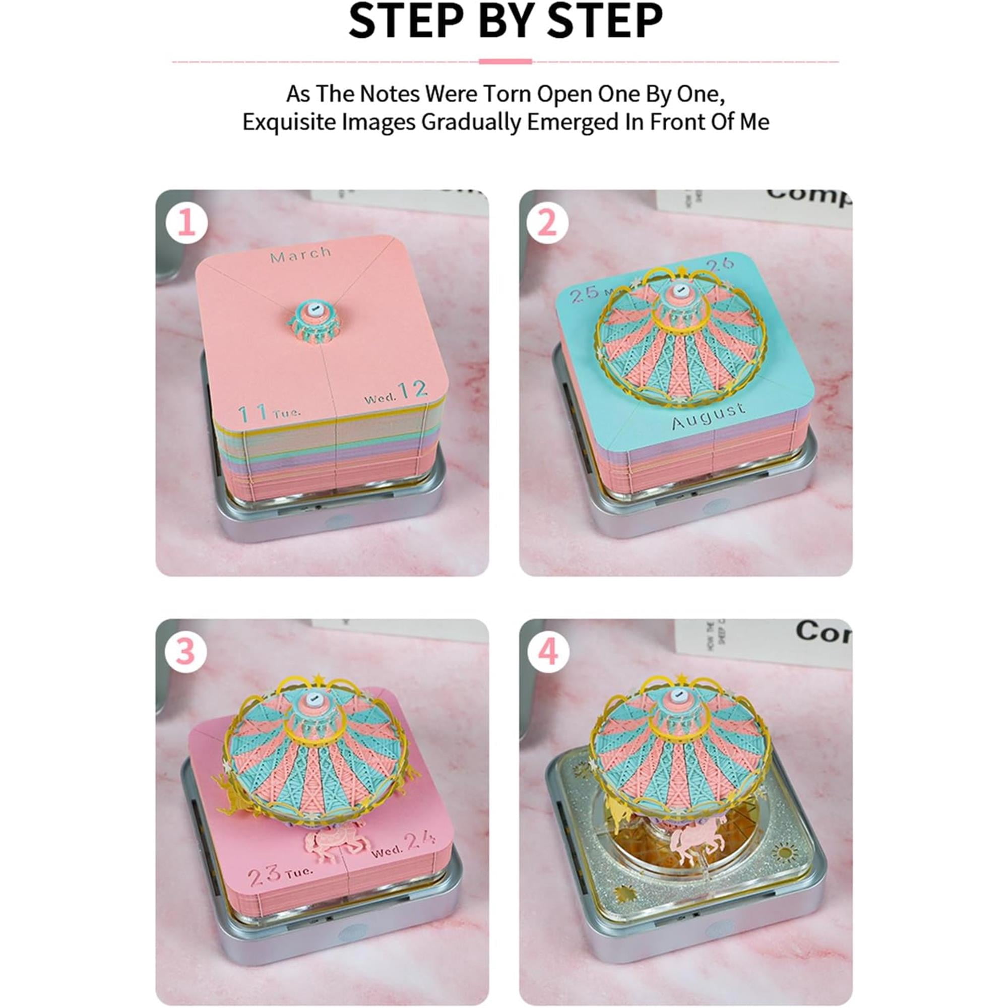 SQDWYGG 3D Memo Pads Paper, Creative Time Piece 2025 Notepad Artopad Carving Gift Desktop Decoration, Artist DIY Notes With LED Lights Craft,Merry-Go-Round,3.85" x 3.85"x 3.34"