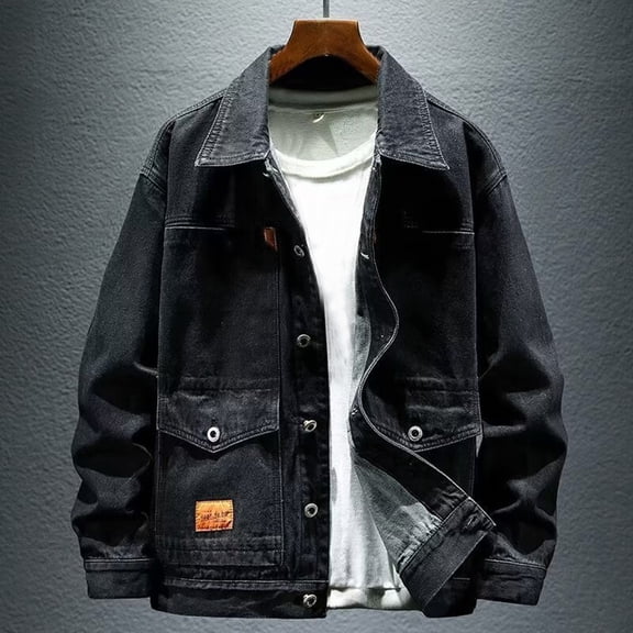 Men Jean Jacket Vintage Fashion Distressed Slim Fit Long Sleeved Denim Jackets Casualstand Collar Outerwear Streetwear Fall Winter Button Down Jean Coat With Pocket Black L