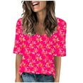 thumbnail image 2 of Aobny Women's Tops Loose Fit Flowy Pink T-shirts Short Sleeve V-Neck Floral Beach Tops,L, 2 of 5