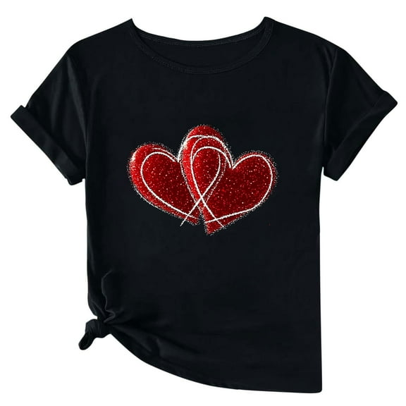 WREESH Womens Graphic Tshirt Valentine's Day Heart Printed Short Sleeve Tees Tops for 2025 Fashion T-Shirts Black