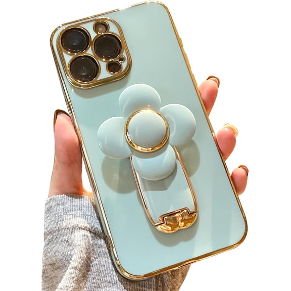 Compatible with iPhone 15 case,Cute Flower Stand Design, Luxury Plating Edge Full Camera Protection Soft Flexible TPU Shockproof Phone Case, Suitable for Women and Teenage Girls.
