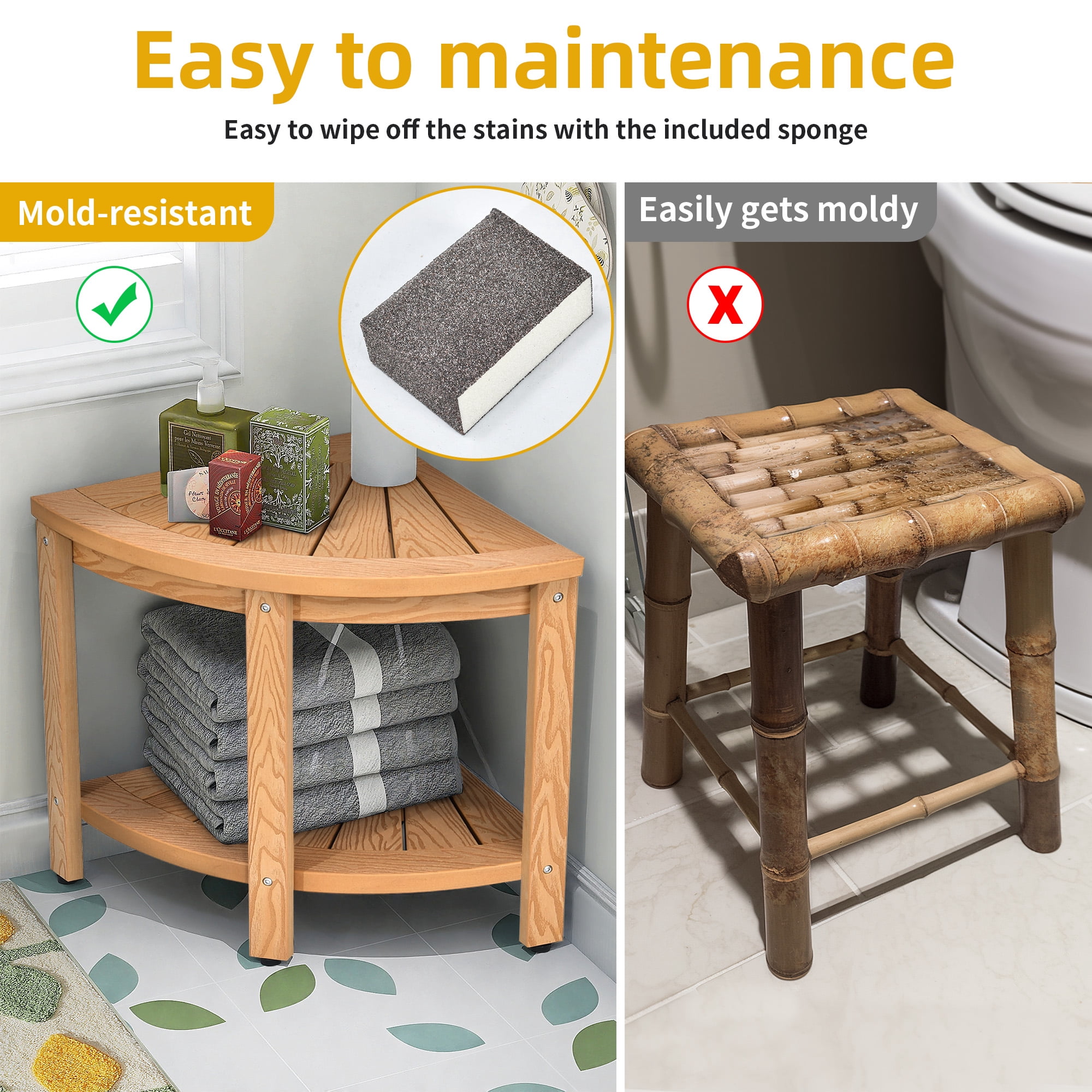 DEXTRUS Poly Lumber Corner Shower Bench, 18" Bath Stool with Storage Shelf, Teak