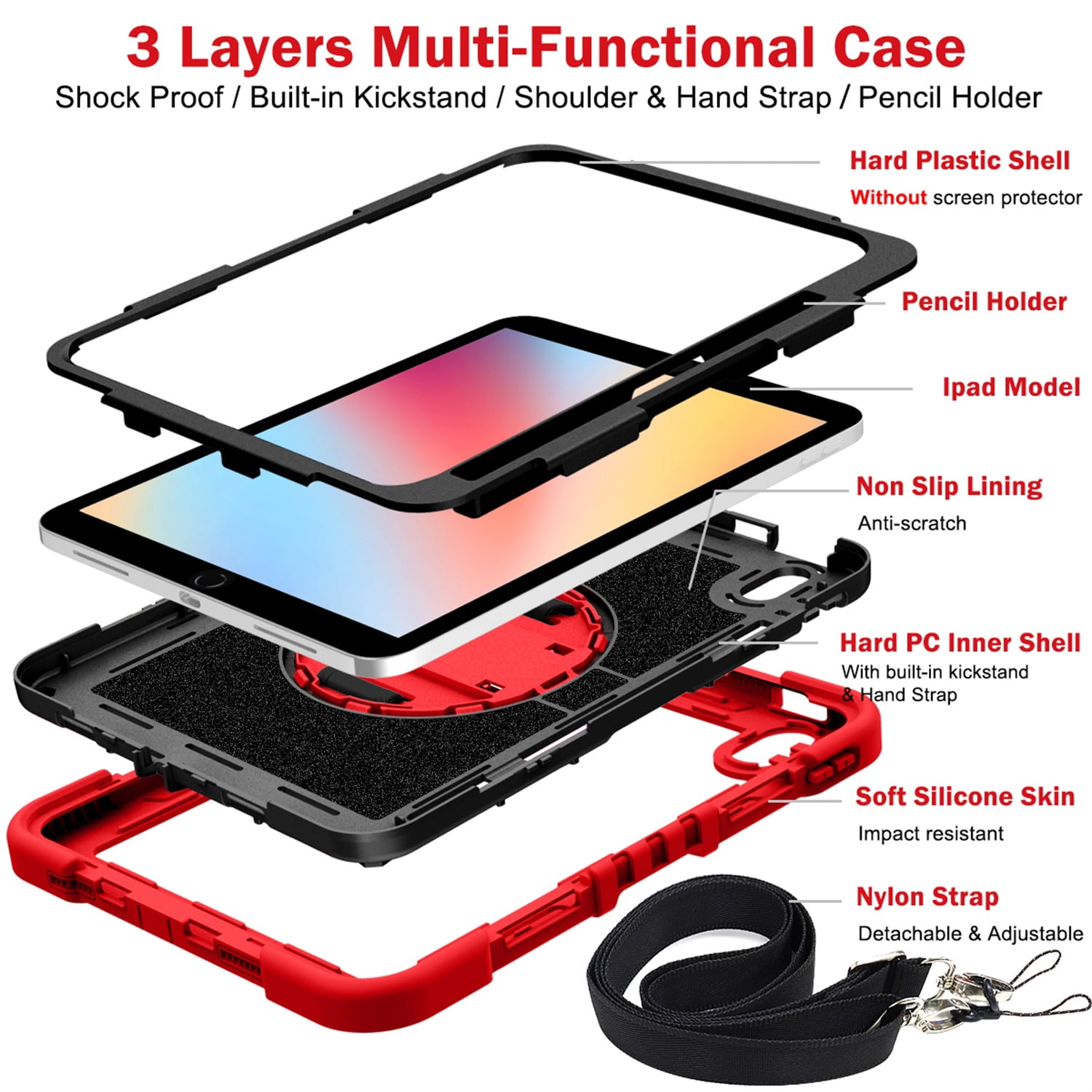 Tarise Case for Apple iPad 10th Generation 10.9 inch (2022), 360° Rotating Kickstand with Pencil Holder/ Hand Strap/ Shoulder Strap Hard PC Rugged Silicone Shockproof Bumper Stand Cover, Red+Black