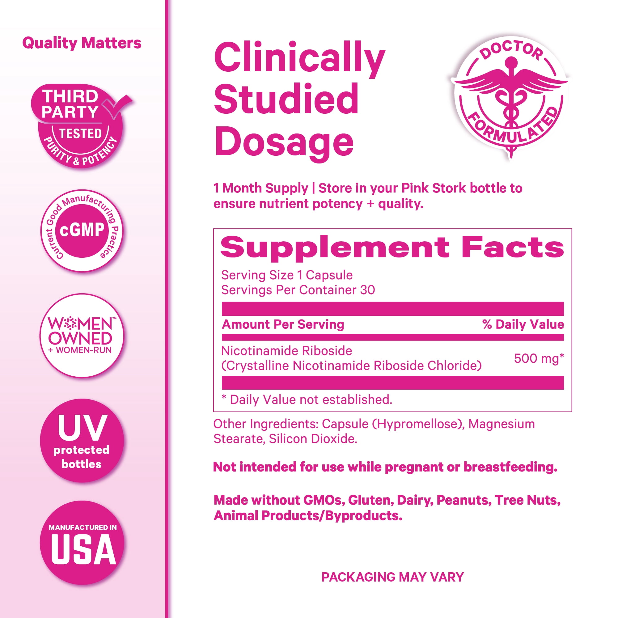 Pink Stork 500 mg NAD+ Supplement- Nicotinamide Riboside