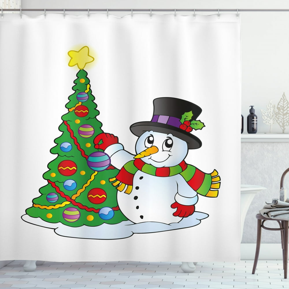 Snowman Shower Curtain, Lovely Character Near a Christmas Tree Festive