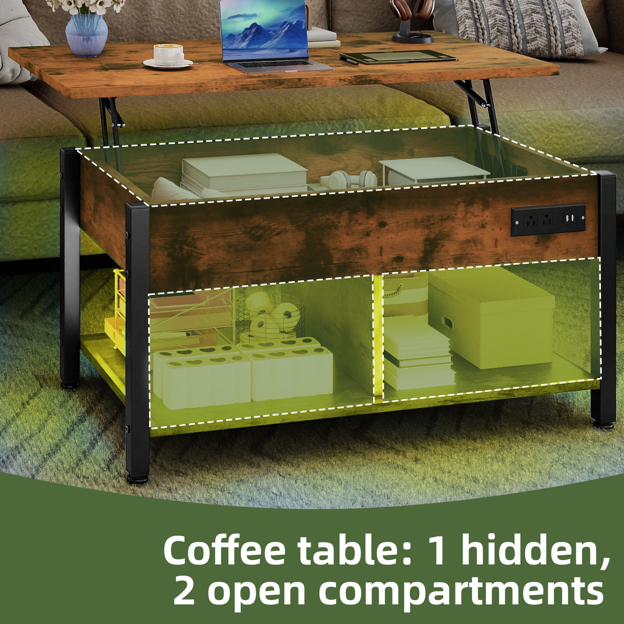 Uforic 3-in-1 Lift-Top Coffee Table with Storage, LED Lights & Power Hub for Living Room/Home Office, Brown