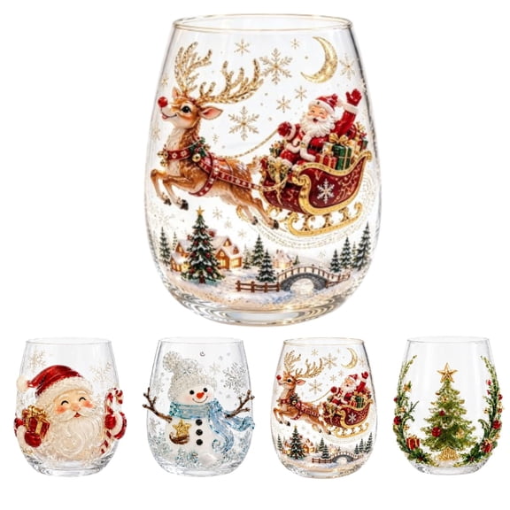 Christmas Stemless Wine Glasses, Clear | Holiday Glassware, Christmas Drinkware for Wine, Cocktails, Festive Drinks, Entertaining & Seasonal Gatherings,B