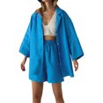 thumbnail image 1 of VISgogo, traje de pantalón informal de dos piezas para mujer, blusas abotonadas con cuello de solapa de color sólido y pantalones cortos holgados con cintura elástica VISgogo moda, 1 of 6