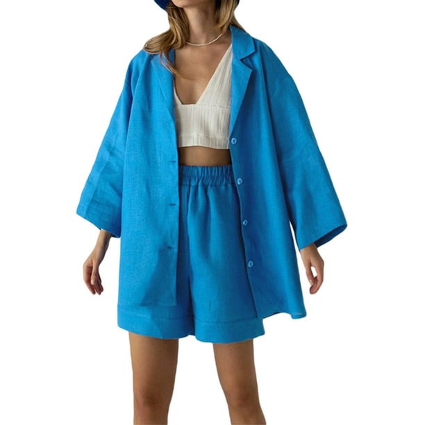 SAYOO , traje de pantalón informal de dos piezas para mujer, blusas abotonadas con cuello de solapa de color sólido y pantalones cortos holgados con cintura elástica SAYOO Moda