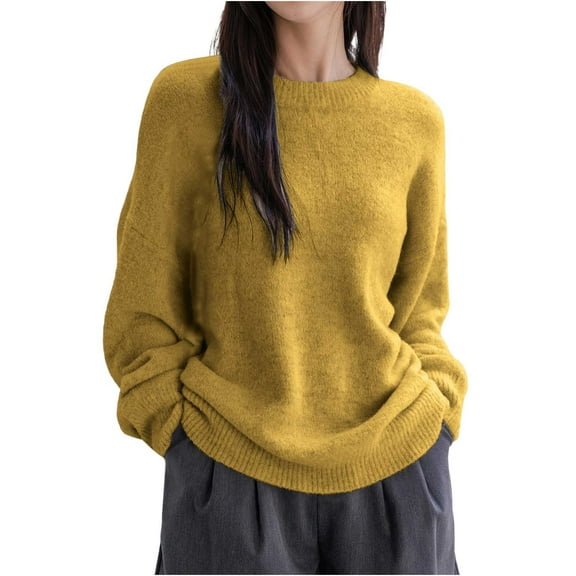 Wyobmus Women's Oversized Sweaters Crew Neck Cable Knit Long Sleeve Pullover Sweater Soft Lightweight Knitted Tops A-Yellow