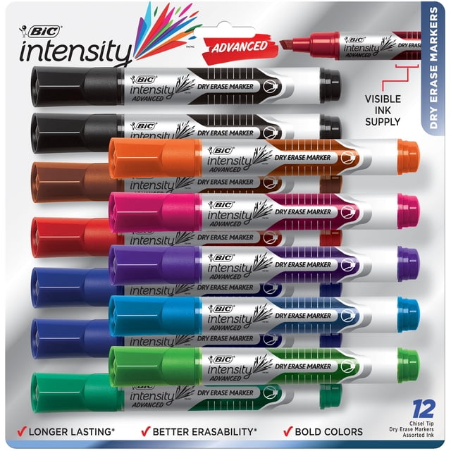 Marcadores de borrado en seco BIC Intensity Advanced con punta cincelada de 12 unidades