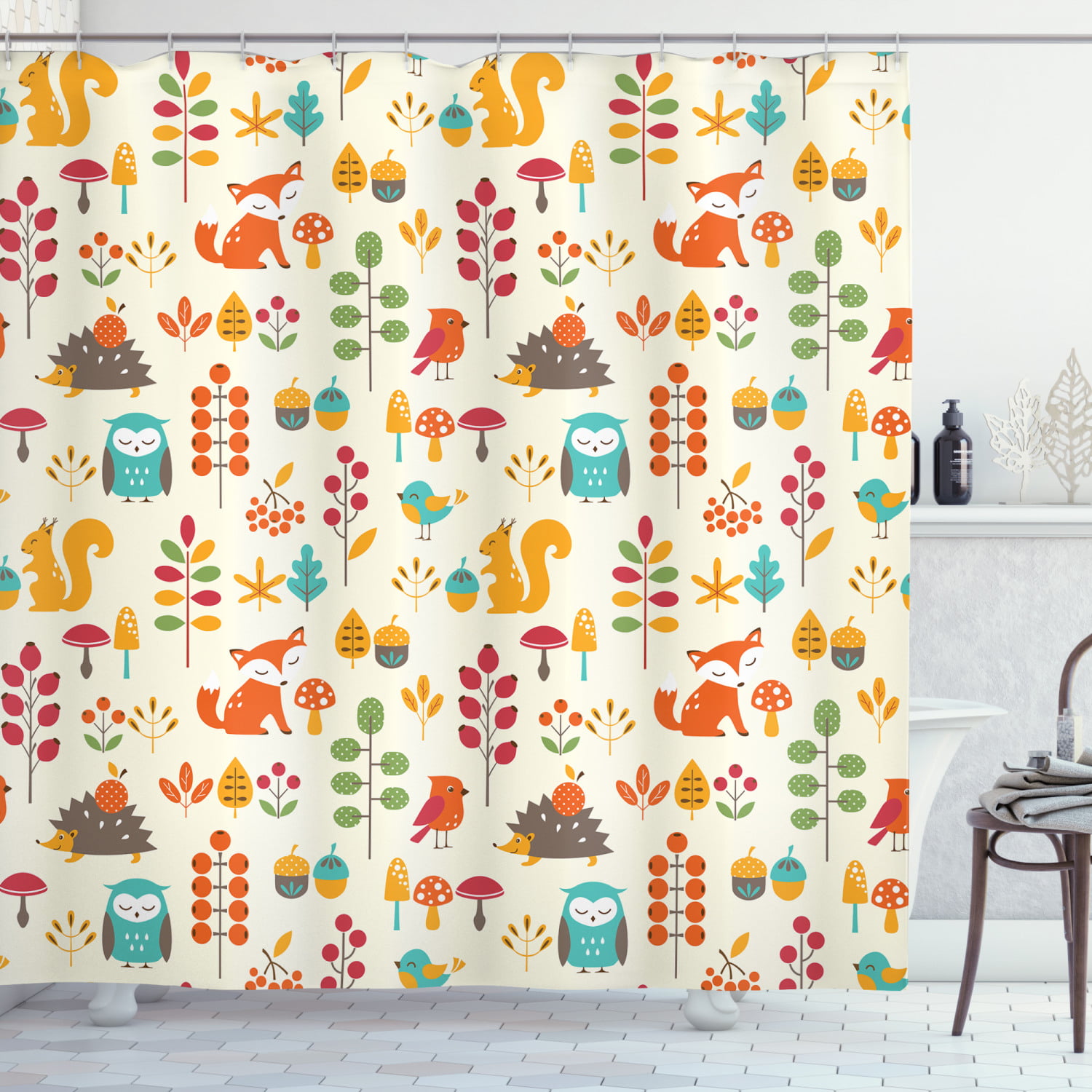 Wooden Hole American Red Squirrel Shower Curtain Set Bathroom Waterpoof Fabric 