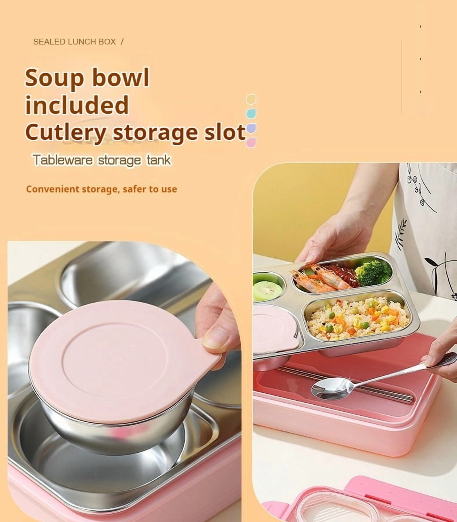 Lunch Box Containers Stainless Steel Bento Box for Adults with 4-Compartment Snack Tray, Soup Bowl with Lid & Metal Spoon, Dishwasher Safe, Easy to Carry, Purple