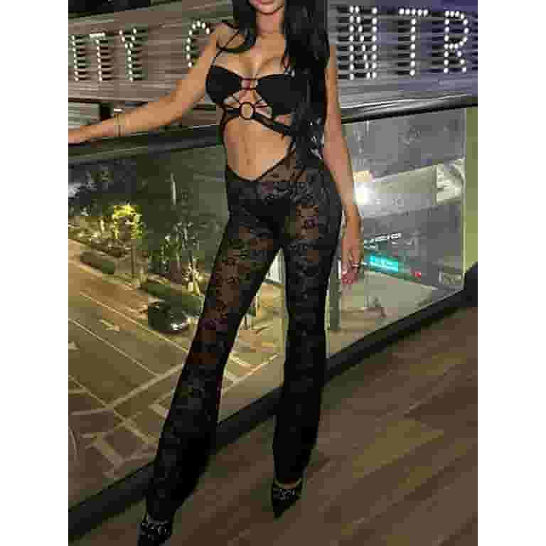 【binary01】Lace up Check Lace One piece ★ Bangyeer Women See Through One Piece Jumpsuit Floral Lace
