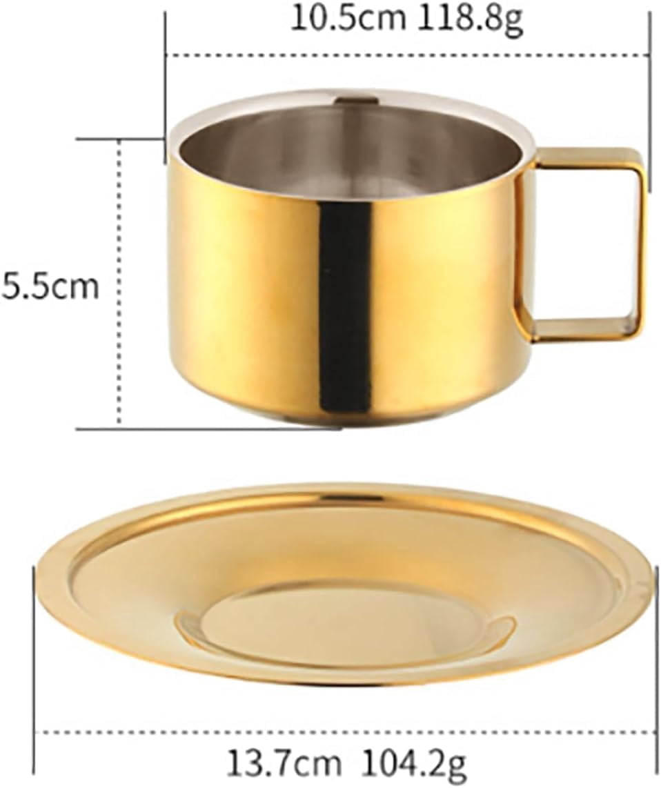 ABCISI 2Pcs Espresso Cups and Saucers Set, Coffee Cup and Saucer Set Coffee Mug Stainless Steel Demitasse Cups Exquisite Luxury Small Coffee Containers for Latte Cappuccino Tea, 200ML, Gold