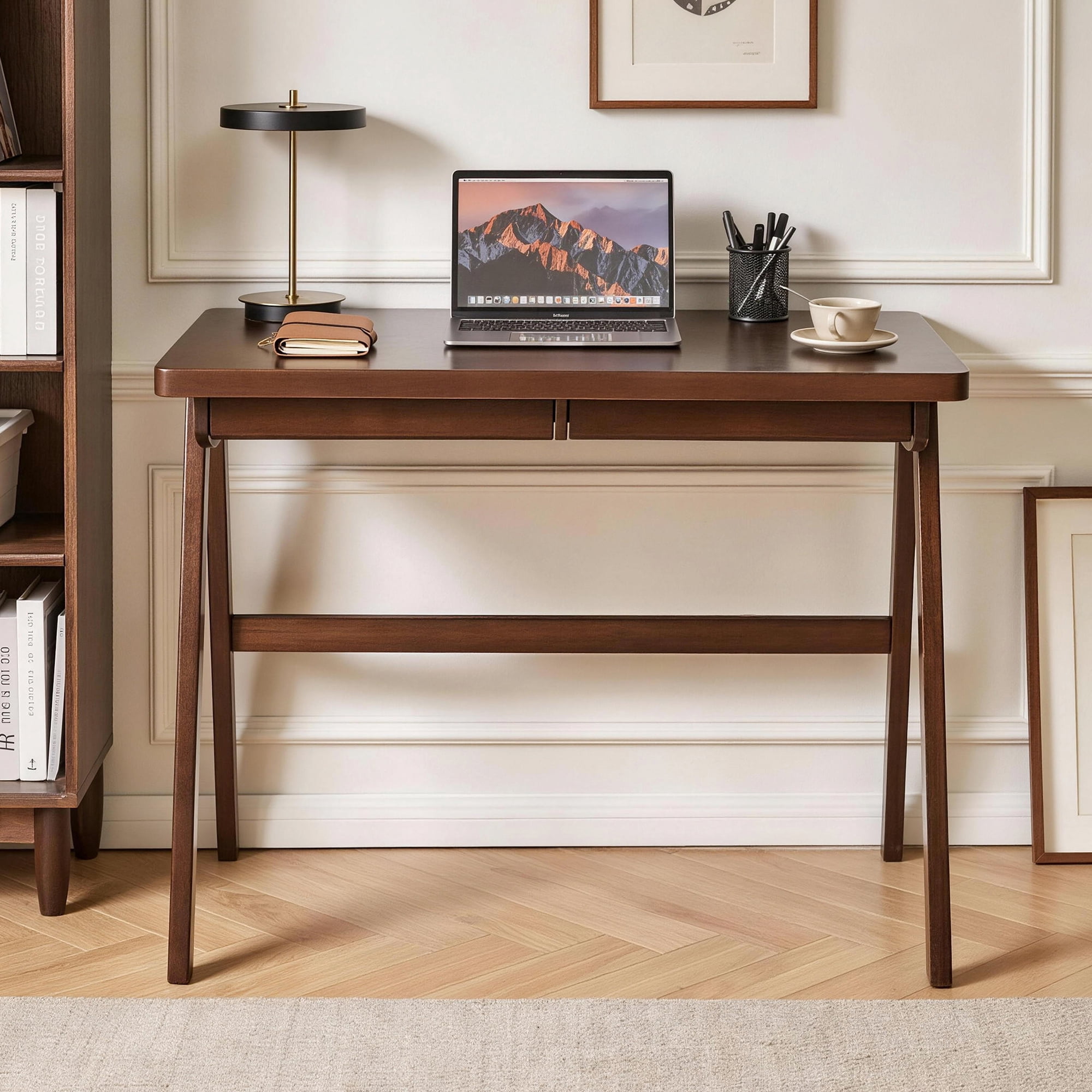 100% Solid Rubber Wood Computer Desk, Retro Walnut Writing Desk with Drawer, Sturdy A-Frame Leg, 39.37"x21.65", 0.71" Standard Thick Home Office Study Table