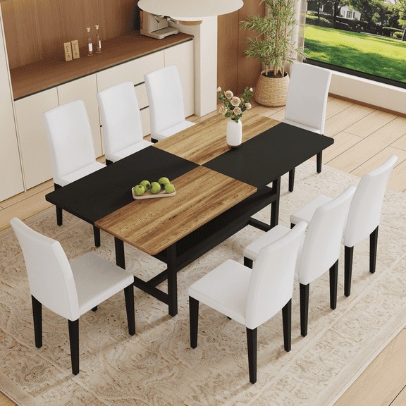 Newest 8-Piece Wood and Black Dining Table Set 71x35.4 inch with Storage and 8 White PU Chairs