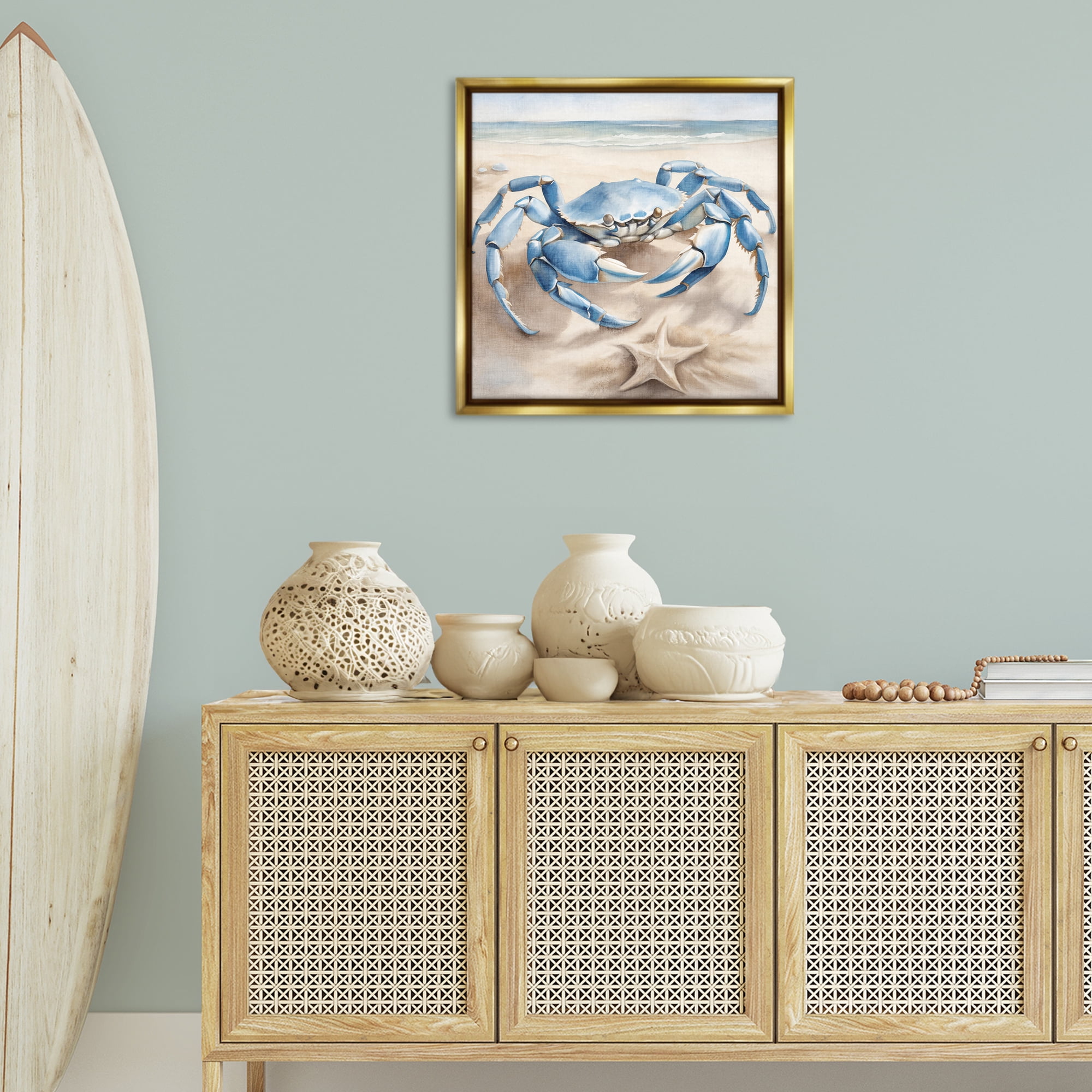 Stupell Industries Crab & Starfish on Beach Animals & Insects Painting Gold Floater Framed Canvas Art Print Wall Art, 25 x 25