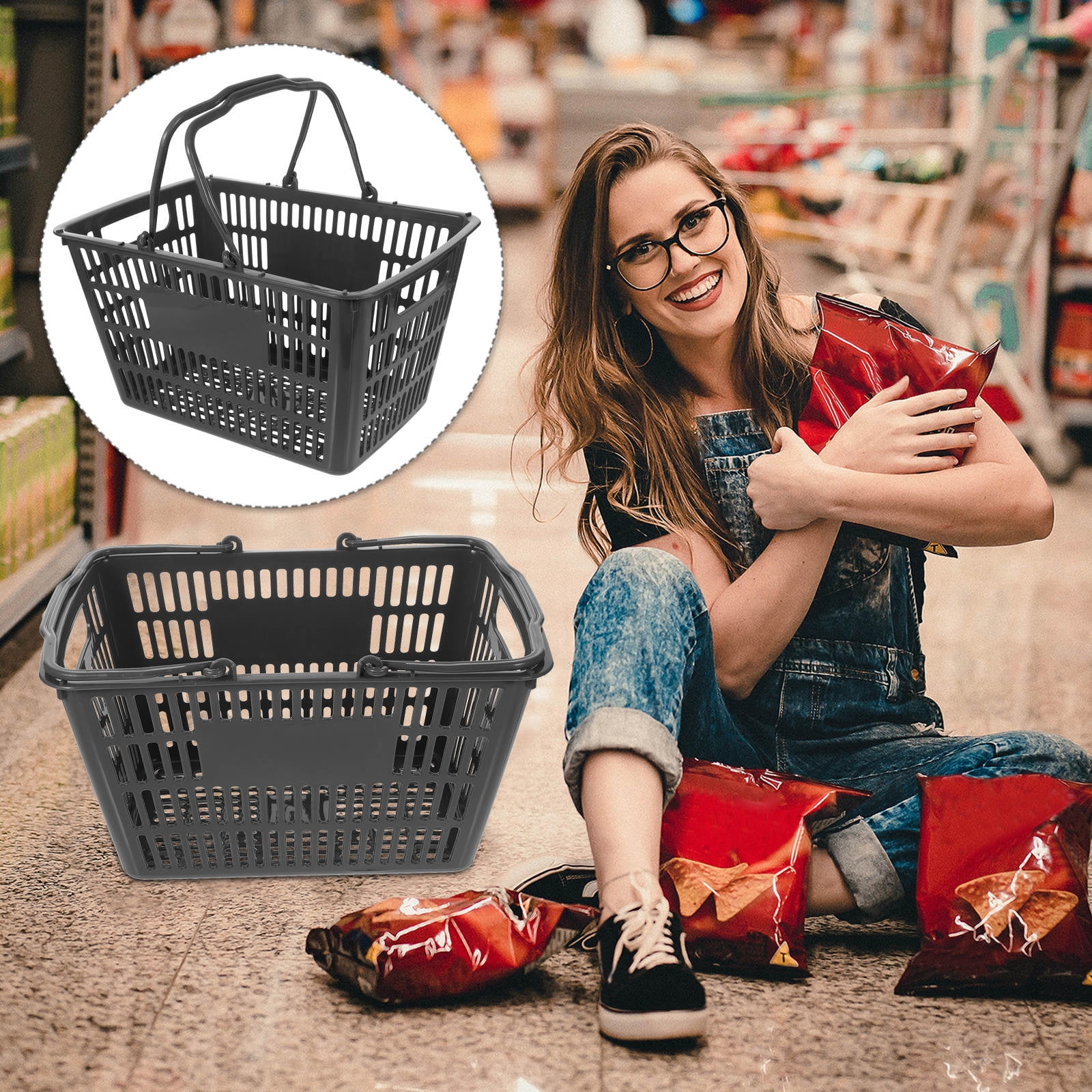 Masteelf Black Plastic Storage Basket with Handles for Toiletries Shopping and Kitchen Organization