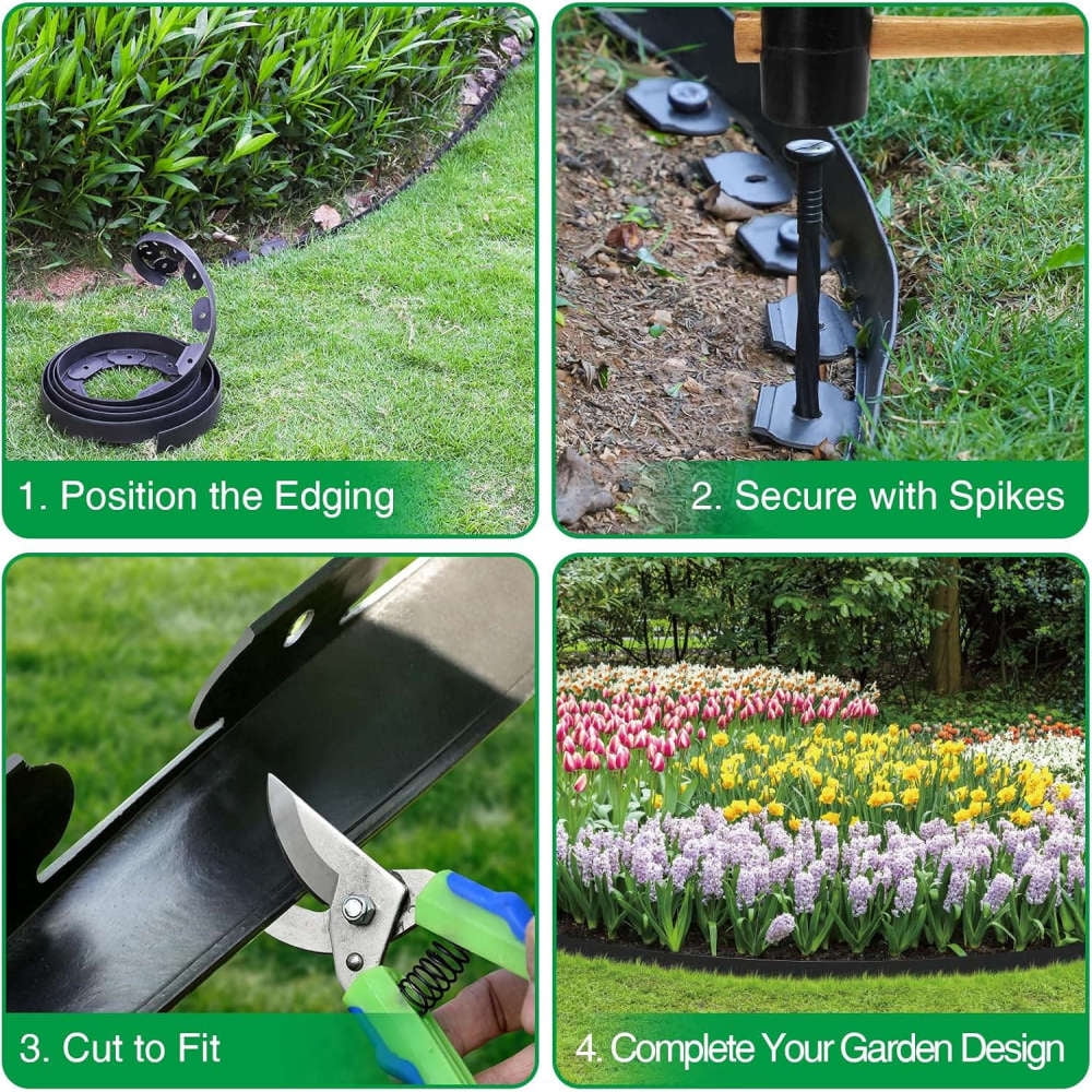 PWTOOL Landscape Edging Border with Spikes, 4 Inch Lawn Edging, 200ft x 4in for Garden Paths, Black