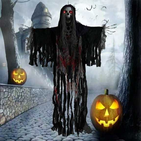 63" Halloween Skeleton Ghost Props,Halloween Hanging Dead Skeleton with Glowing Red Eyes and Spooky Sound, Animated Poseable Skeleton Lighted Up Scary Props for Indoor,Outdoor,Haunted House,Yard