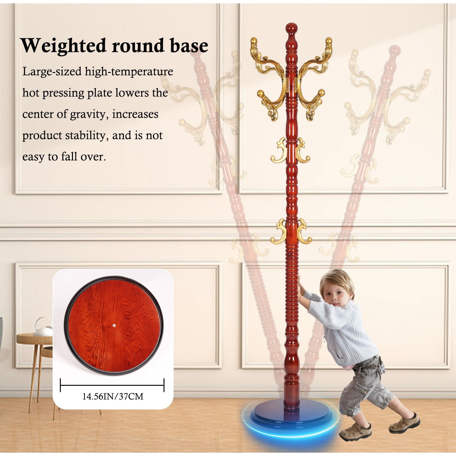 Freestanding Wooden Coat Rack, Vintage Natural Birch Wood Coat Tree with Hooks, Sturdy Hall Tree for Entryway & Office